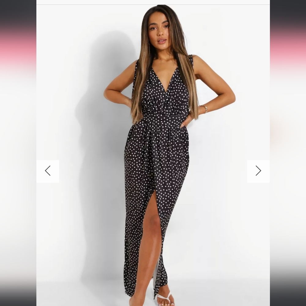 NWT PETITE POLKA DOT PLUNGE DRAPE MAXI DRESS